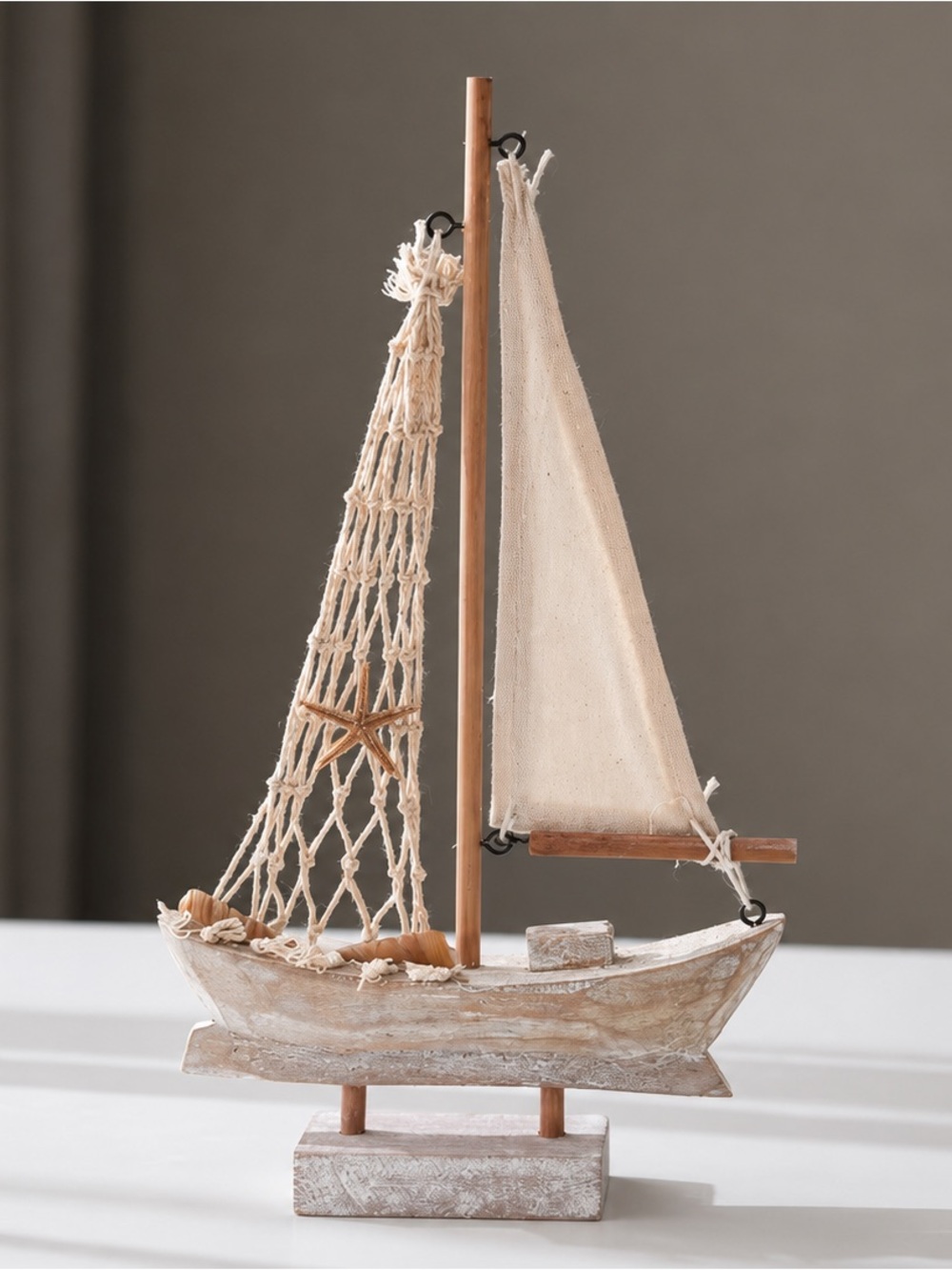 Coastal grandma home decor distressed wooden nautical sailboat tabletop accent